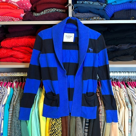 Vintage Abercrombie & Fitch blue and black striped open front cardigan size XS - Picture 1 of 3